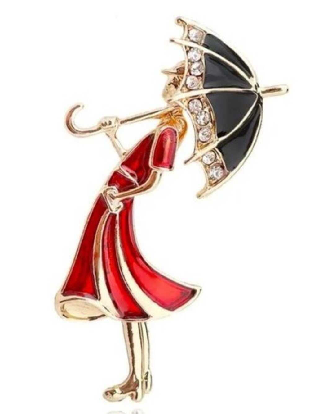 Brooch Lady Umbrella Enamel Rhinestone Fashion Cute Gold Trendy Stylish Glam Fun